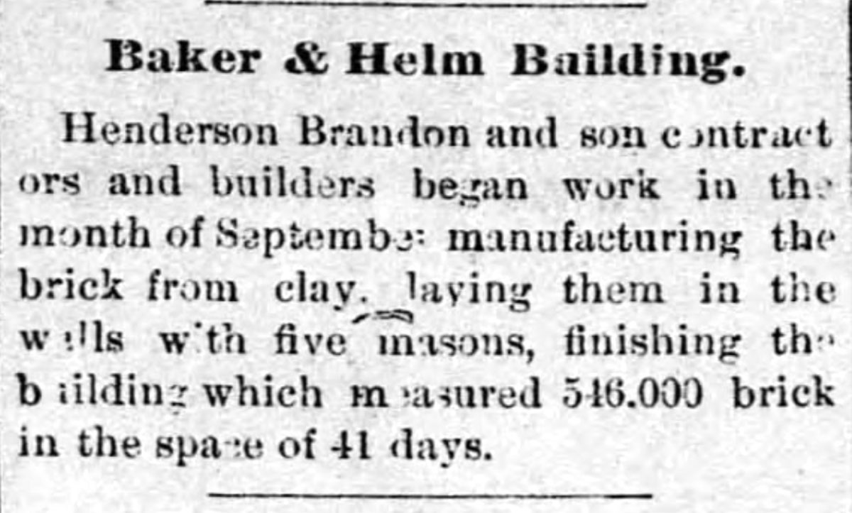 Baker-and-Helm_Democrat November 30, 1887 article in the Huntsville Weekly Democrat gives an update on the construction of the Baker and Helm Building.